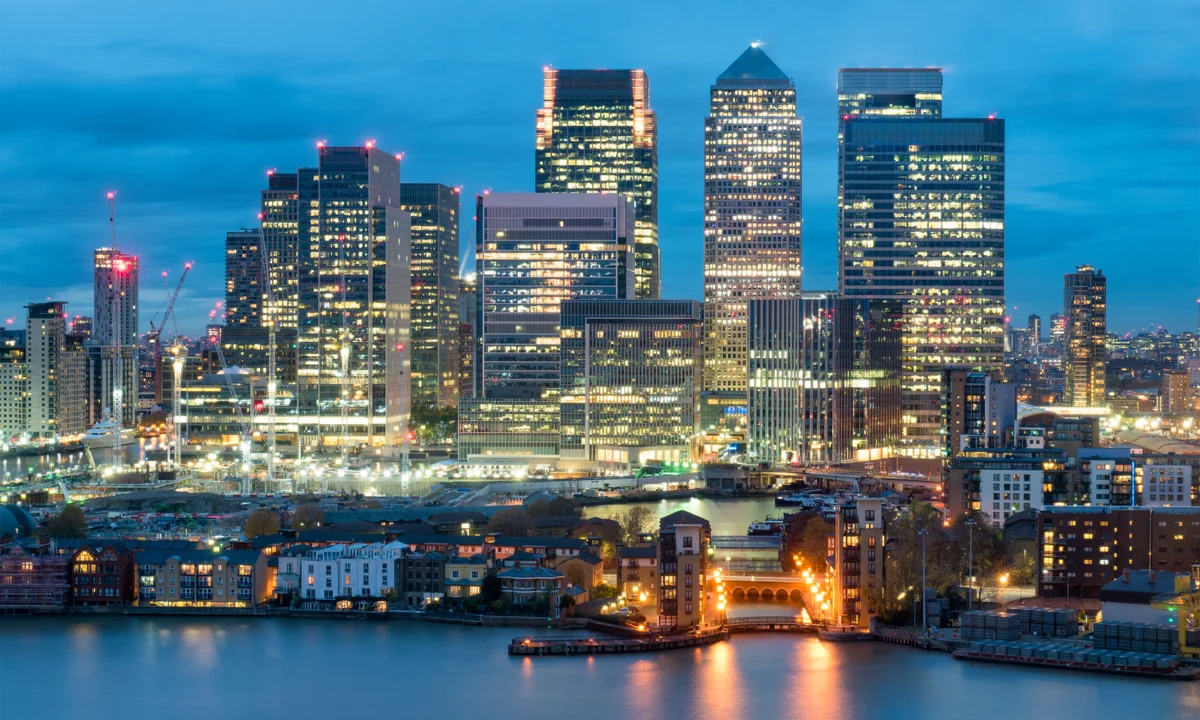 Canary Wharf skyline at dusk